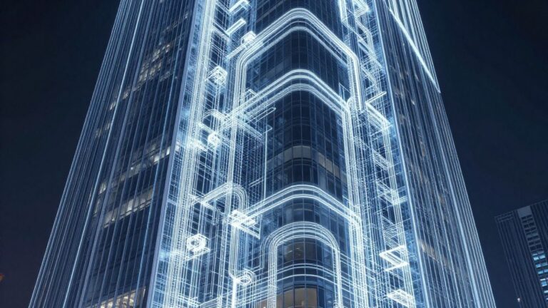 Modern skyscraper blueprint with glowing MEP system lines