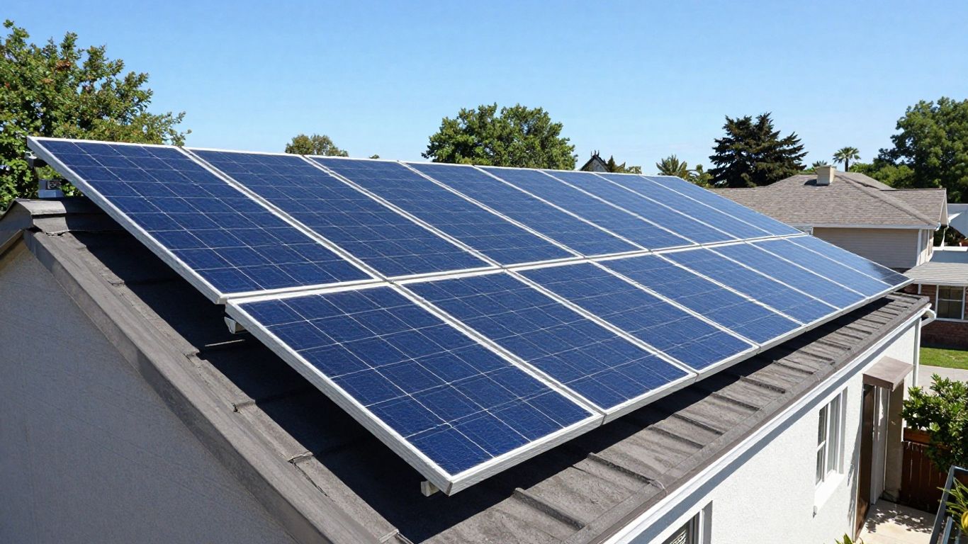 Solar panels on a rooftop under a clear blue sky.